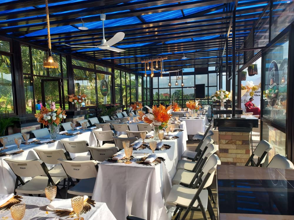 A festive party setup with balloons and decorations.