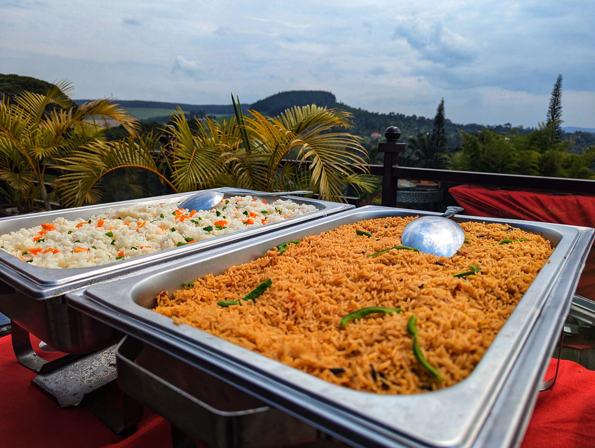 A close-up of a colorful and diverse buffet.