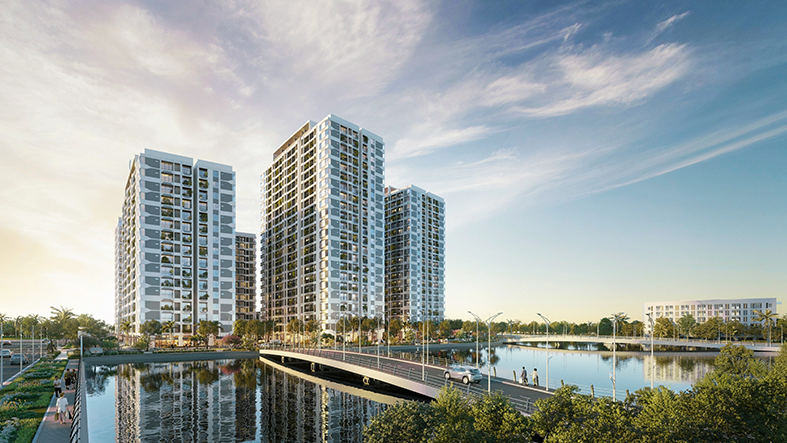 Phối cảnh tổng thể dự án MT Eastmark City ven sông, có cầu đi bộ và nhiều cây xanh.