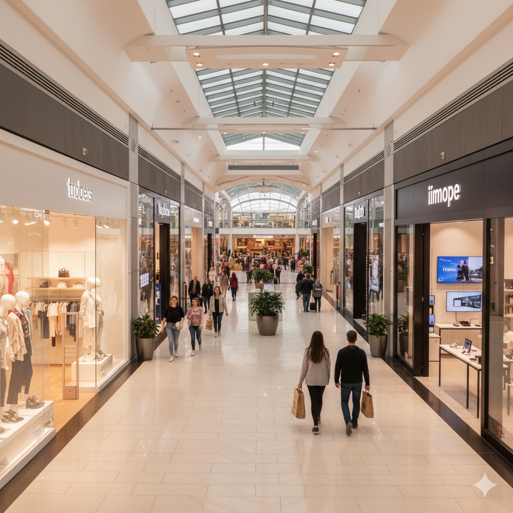 A modern, busy shopping mall with multiple levels, representing a prime retail environment.