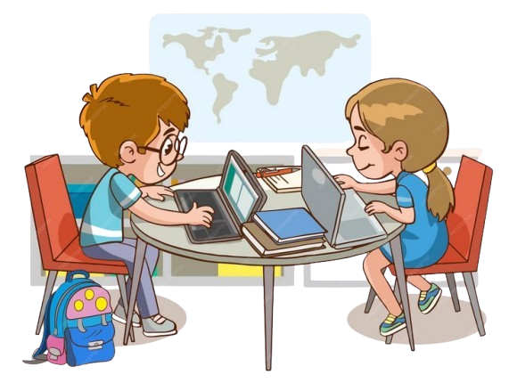 An illustration of a boy and a girl studying together on their laptops with a world map in the background.