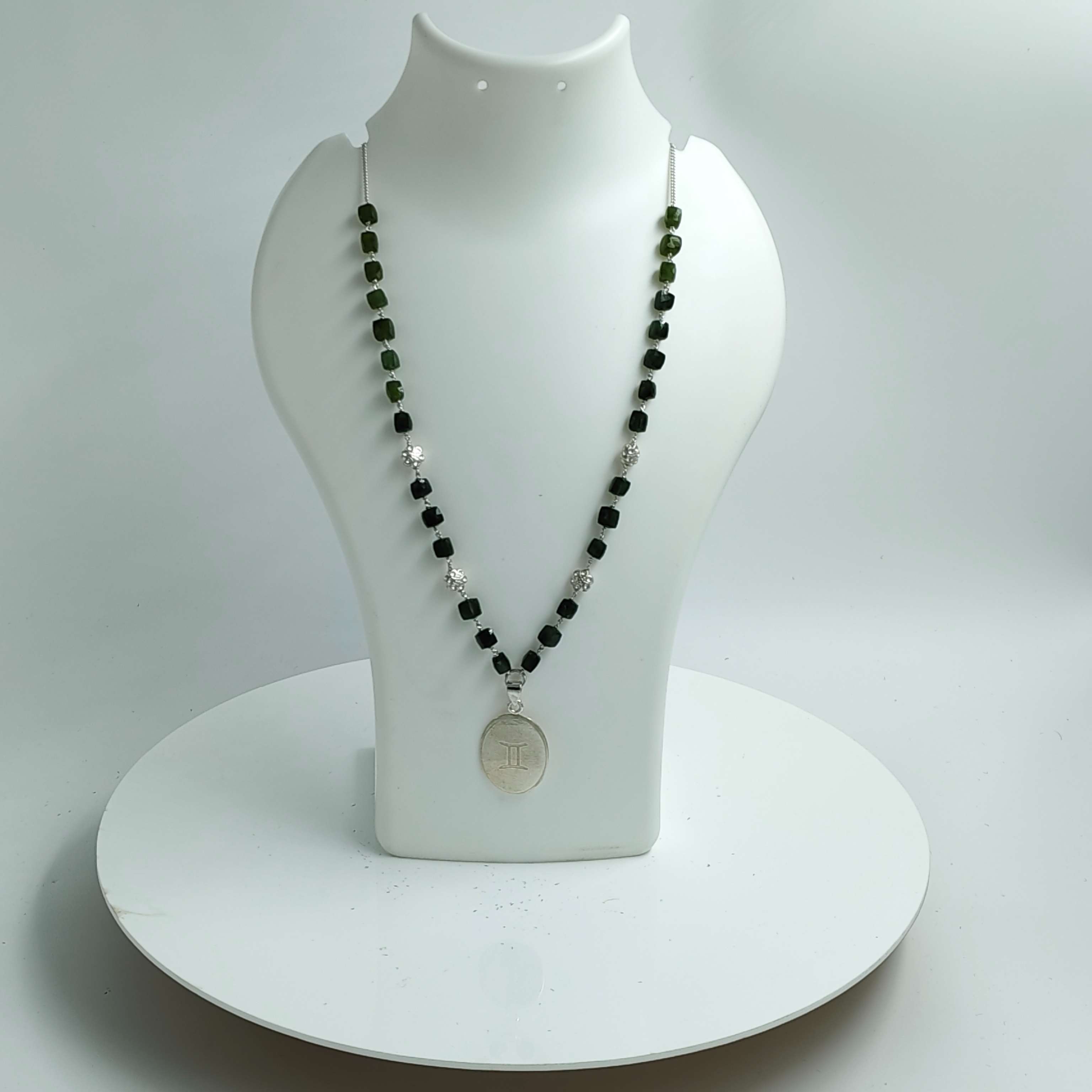 Gemini Zodiac Olive Peridot & Silver Charm Necklace