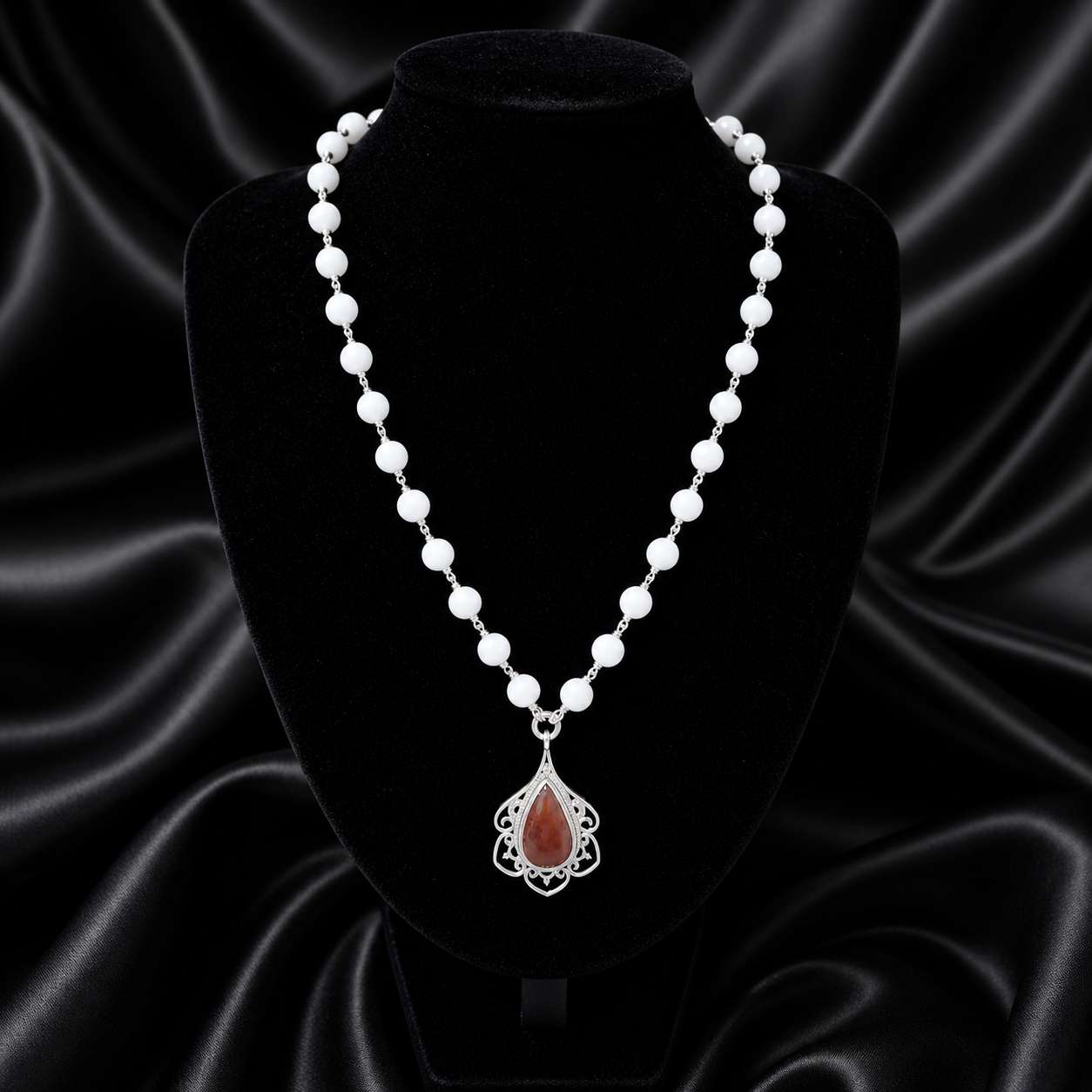 White Quartz & Red Carnelian Vitality Silver Necklace