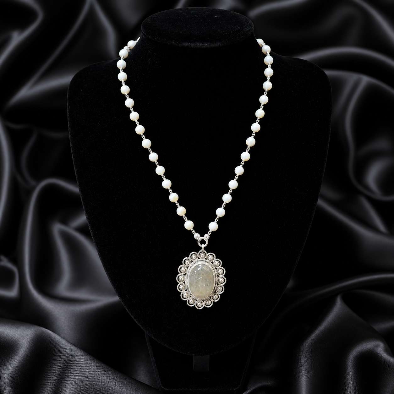 White Quartz & Golden Rutile Teardrop Silver Necklace