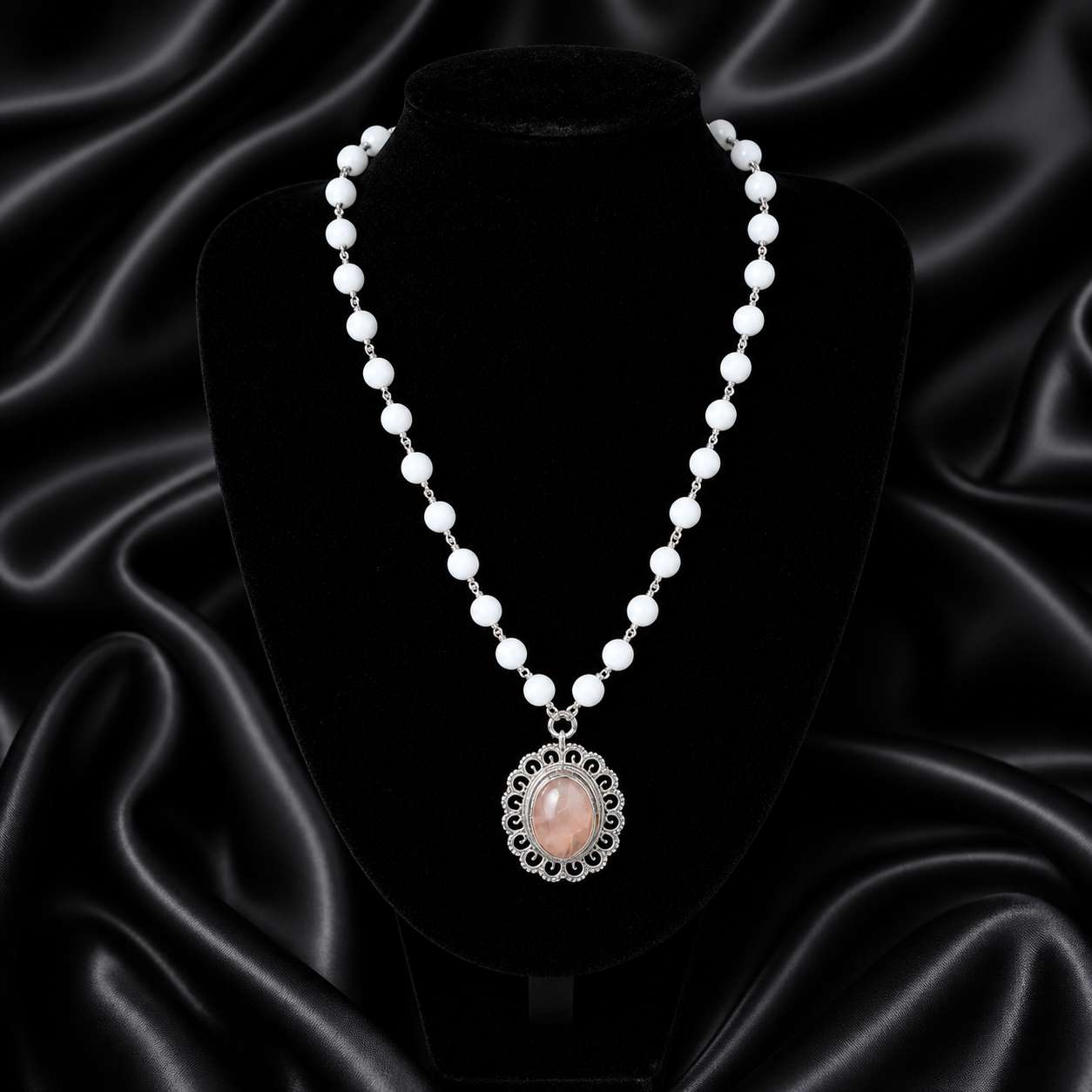 White Quartz & Pastel Rose Quartz Love Silver Necklace