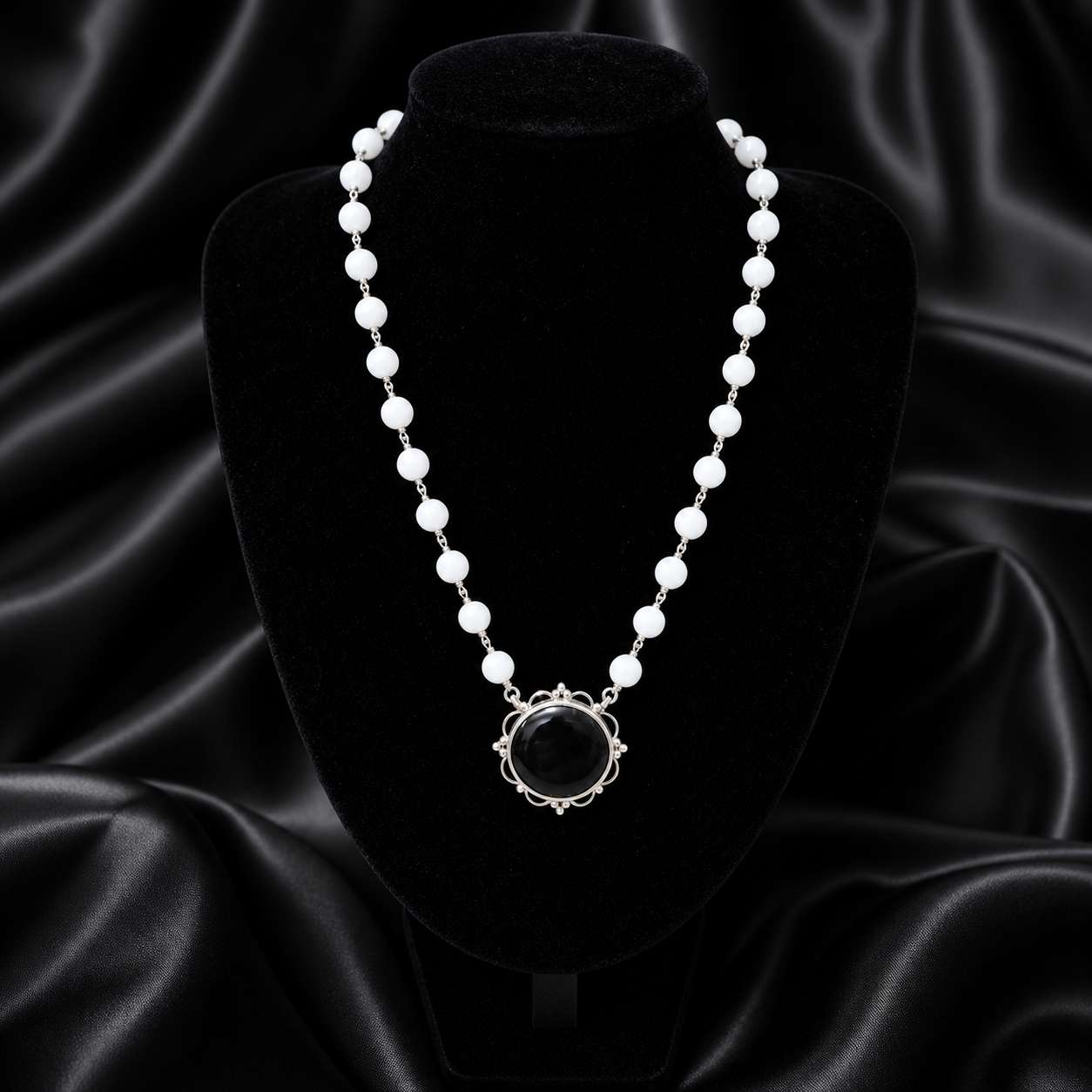 White Quartz & Black Onyx Monochrome Silver Necklace