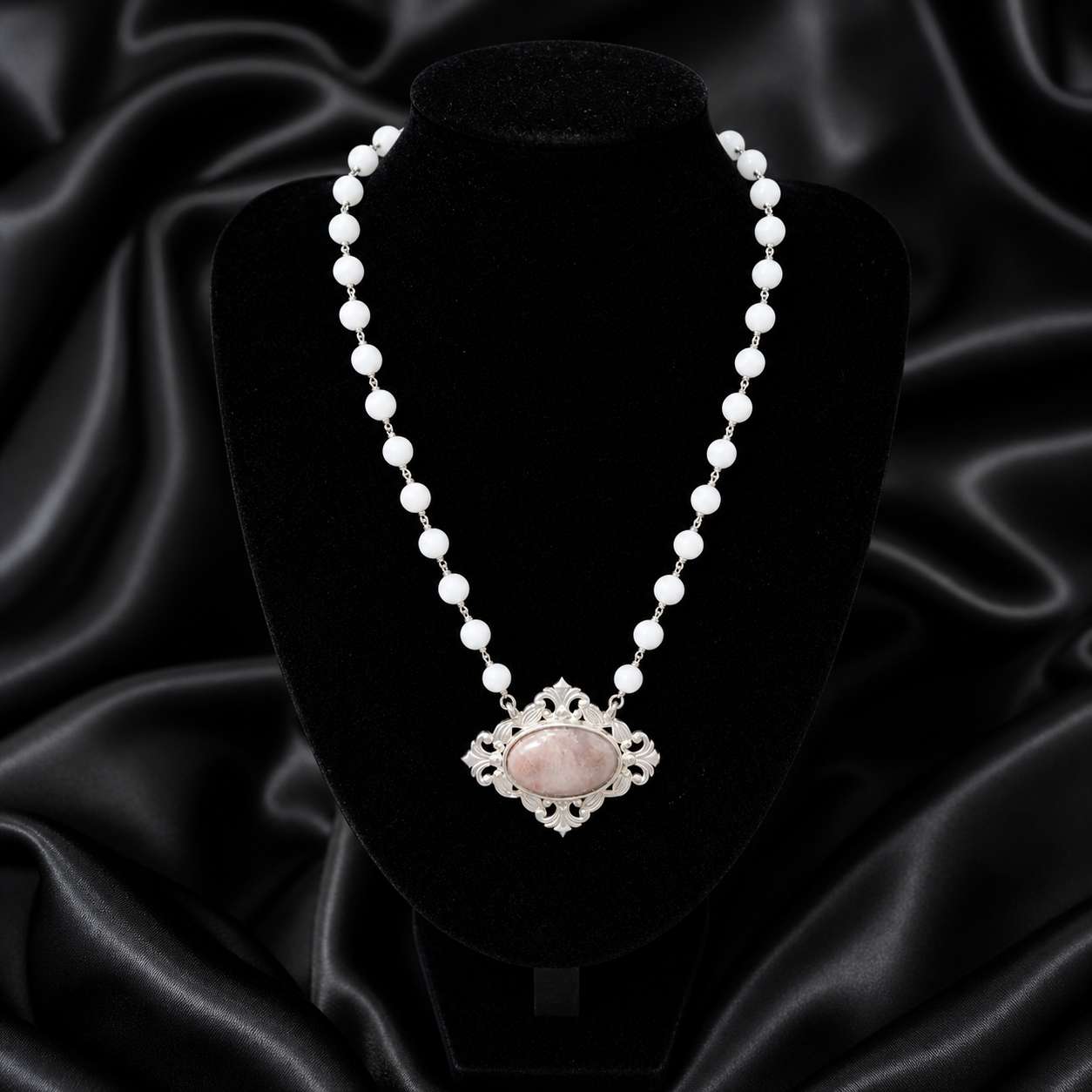 White Quartz & Rhodochrosite Silver Heart Pendant Necklace