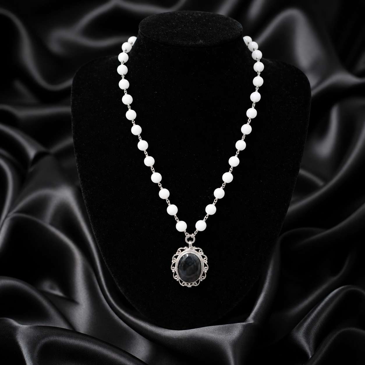 White Quartz & Black Onyx Medallion Silver Necklace