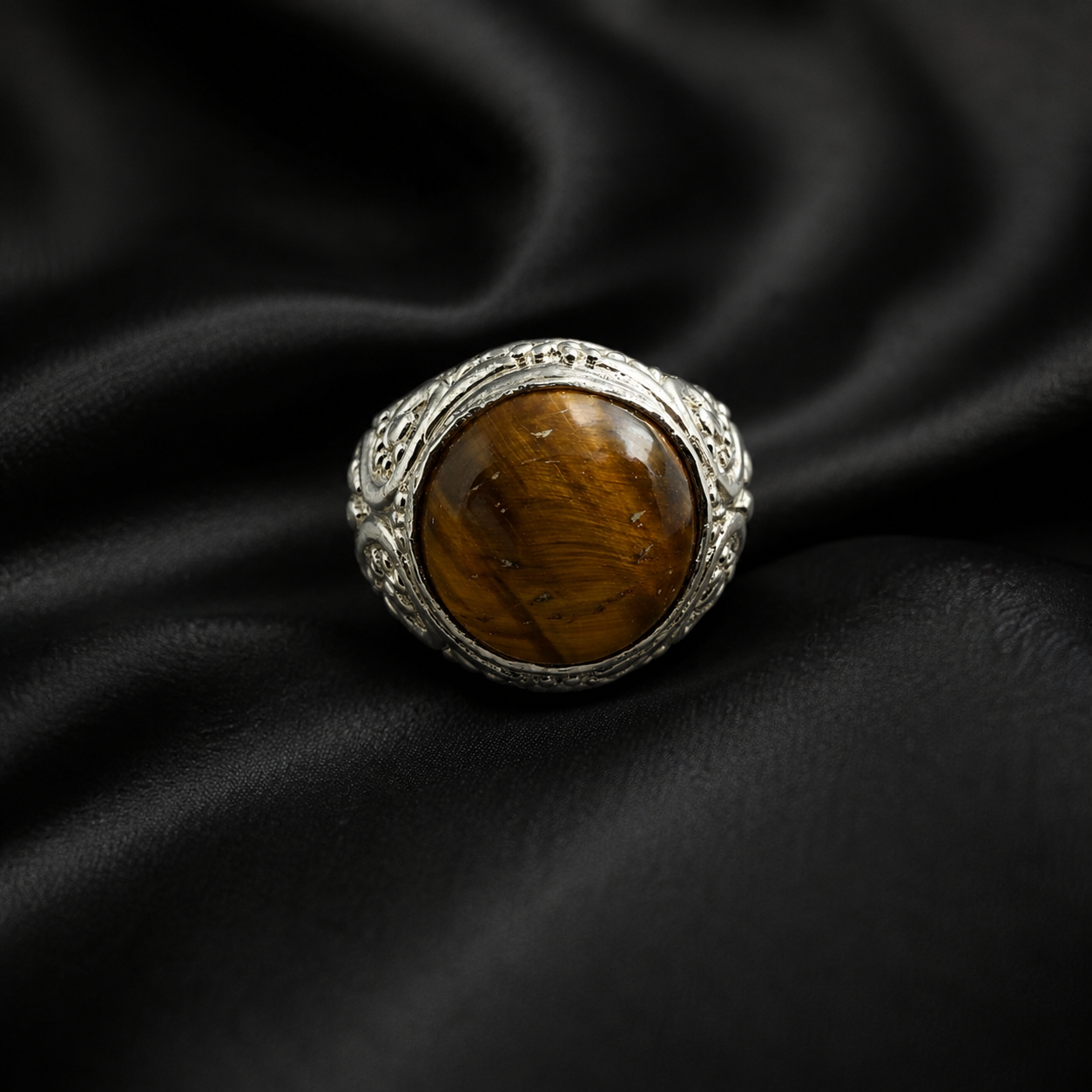 Chatoyant Round Tiger Eye Antique Scroll Silver Dome Ring