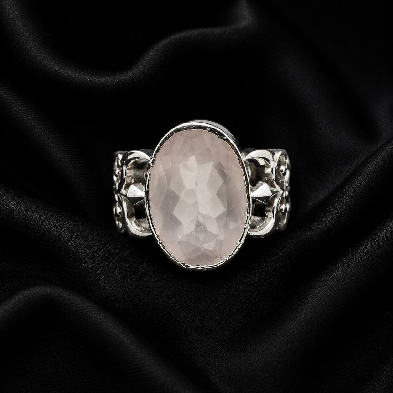 Checkerboard Rose Quartz Oval Cutout Silver Ring