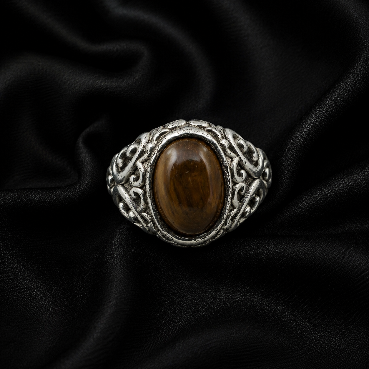 Oval Tiger Eye Baroque Scroll Engraved Silver Signet Ring
