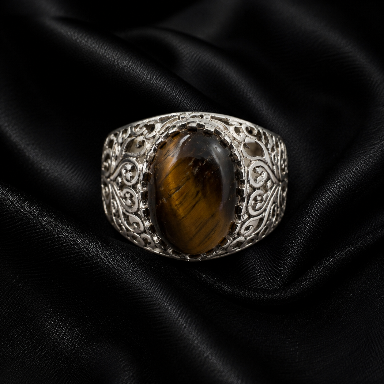Golden Tiger Eye Oval Scroll Filigree Wide Silver Dome Ring