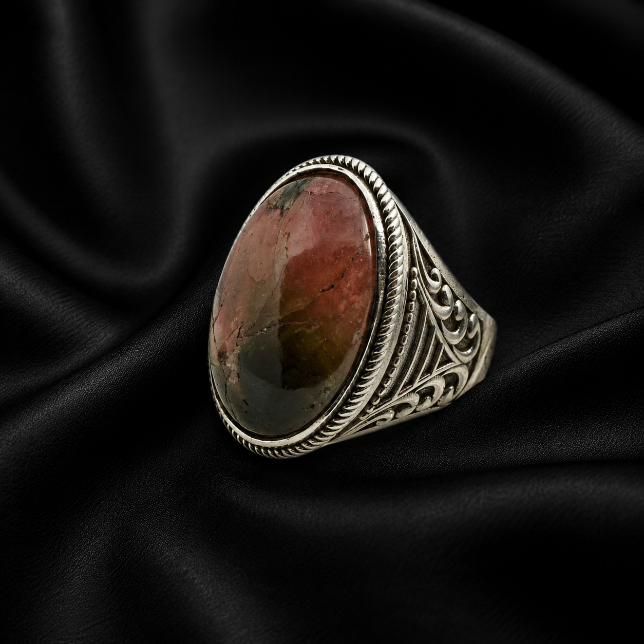 Large Watermelon Tourmaline Oval Cabochon Ornate Silver Ring