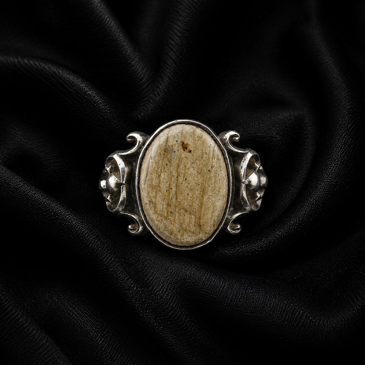 Natural Fossilized Wood / Jasper Oval Silver Cocktail Ring