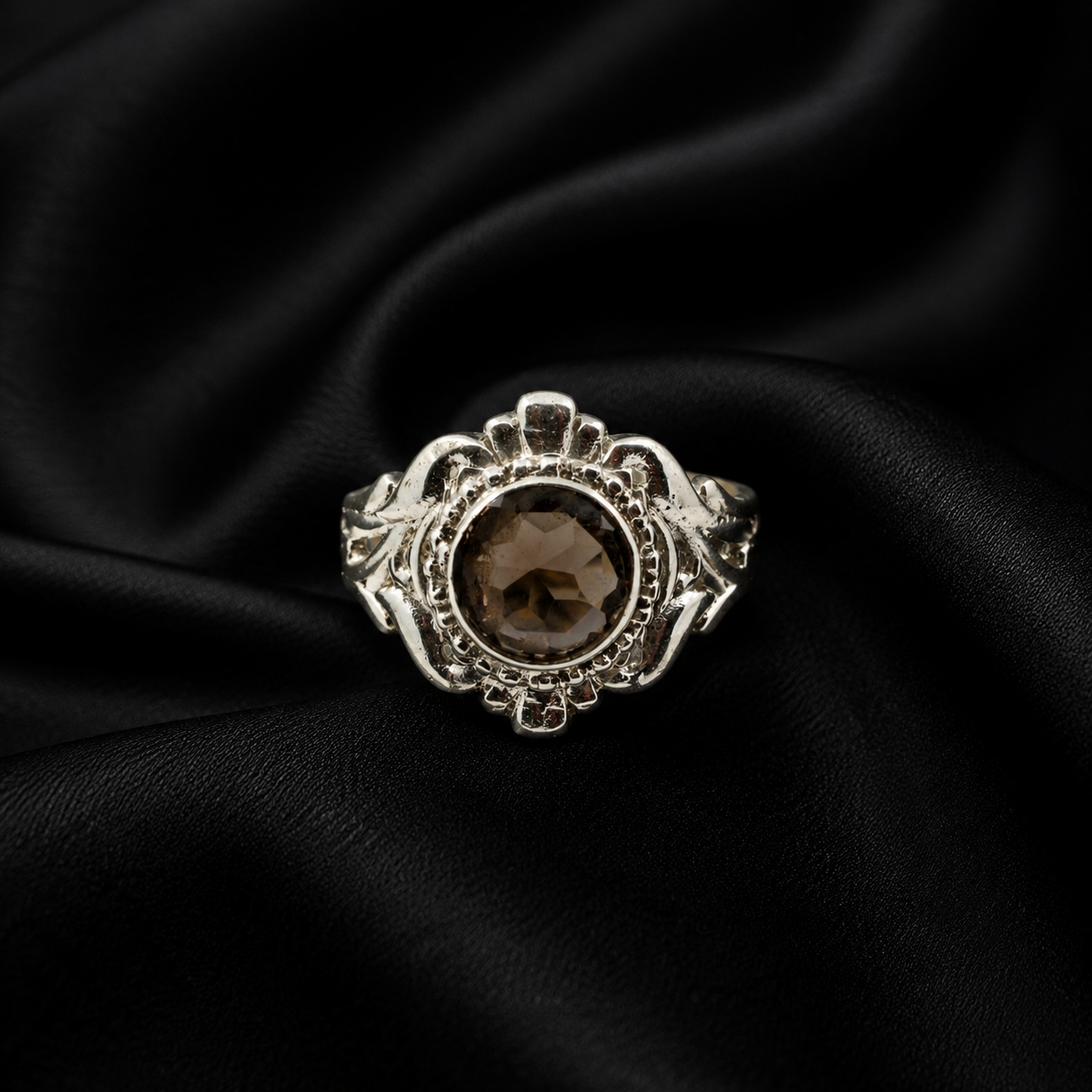 Round Smoky Quartz Scalloped Tiara Halo Silver Cocktail Ring