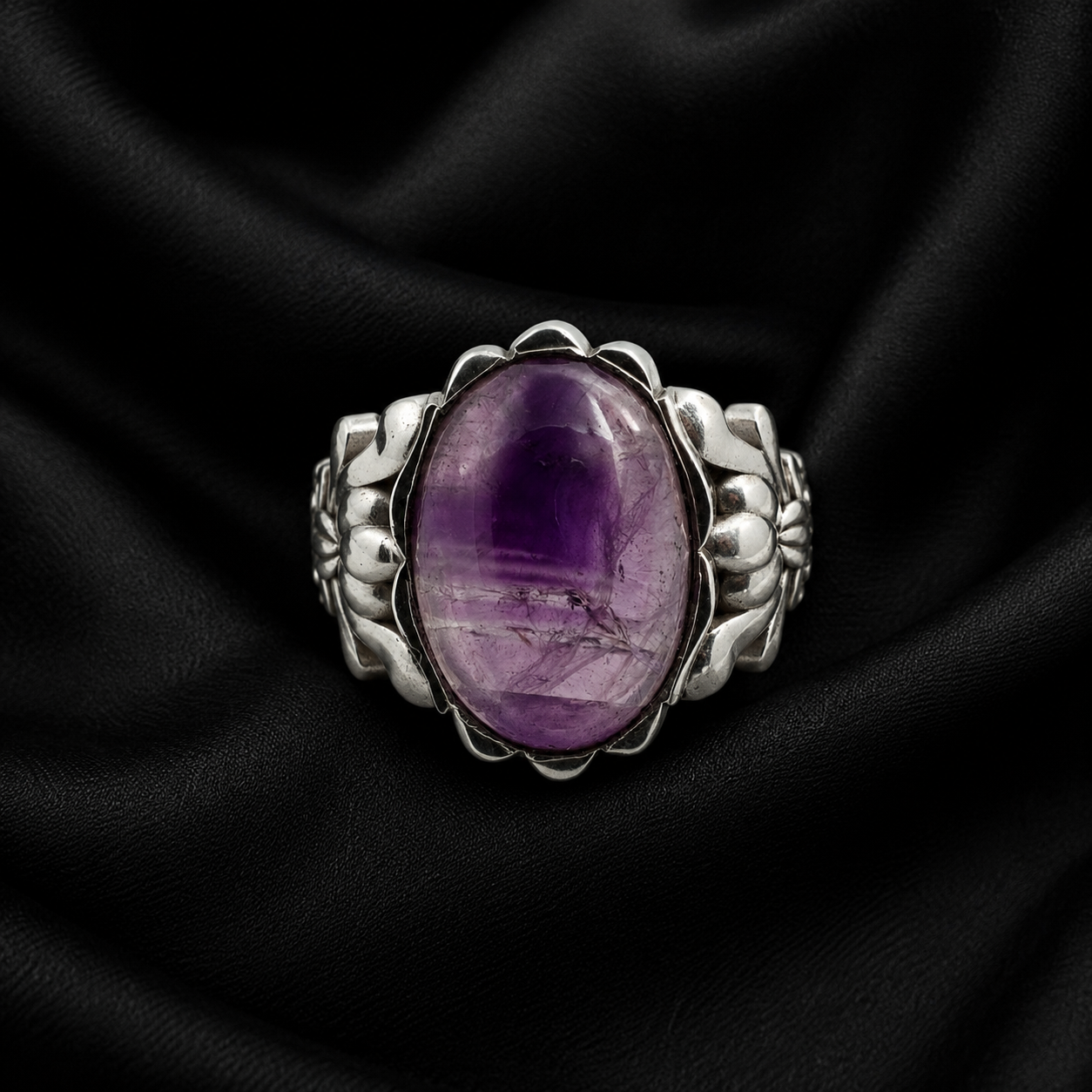 Natural Amethyst Oval Cabochon Sculpted Floral Silver Ring