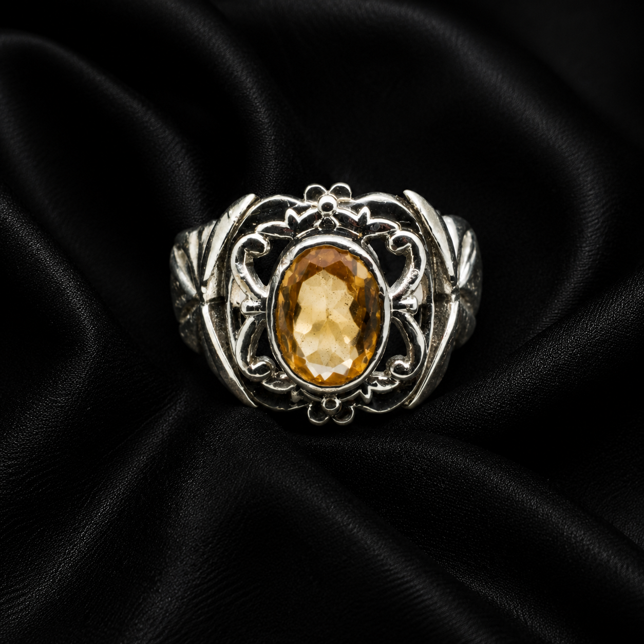 Golden Yellow Topaz / Citrine Cutout Tiara Silver Ring