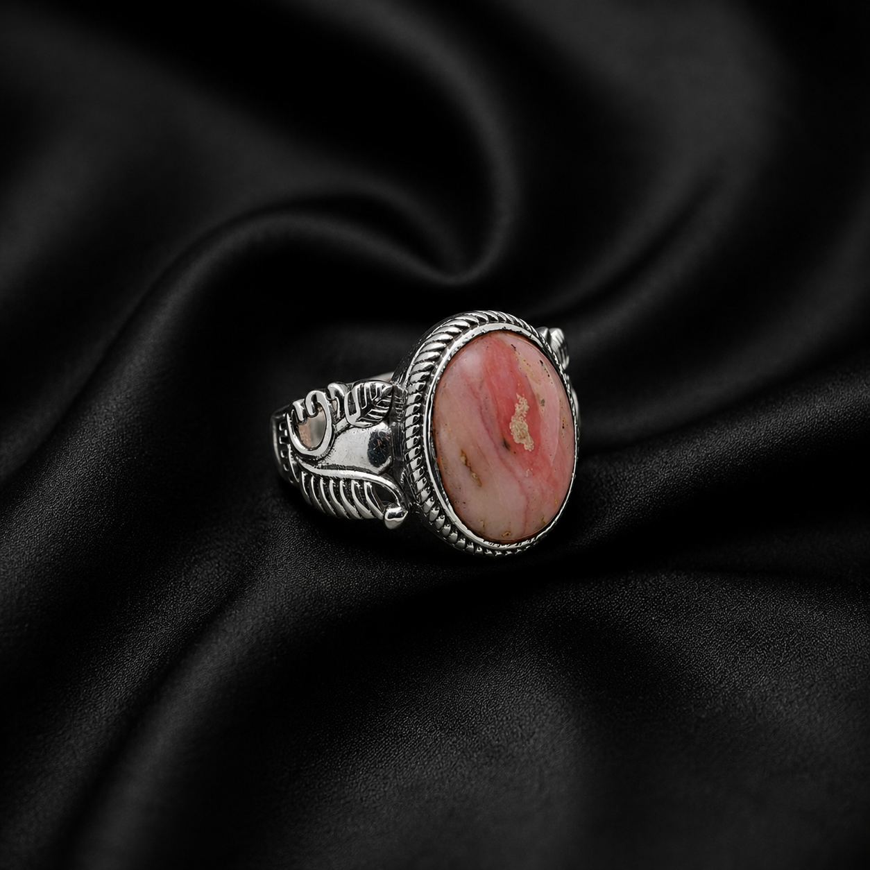Natural Pink Opal Oval Cabochon Feather Motif Silver Ring