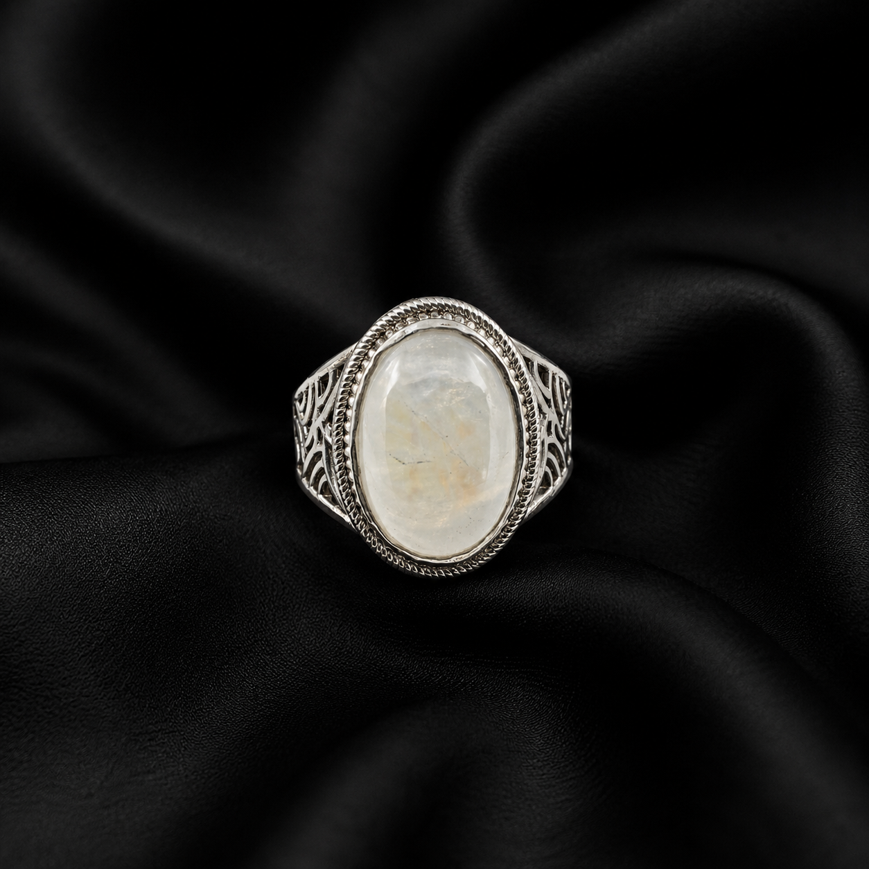 Glowing Rainbow Moonstone Oval Rope-Border Silver Ring