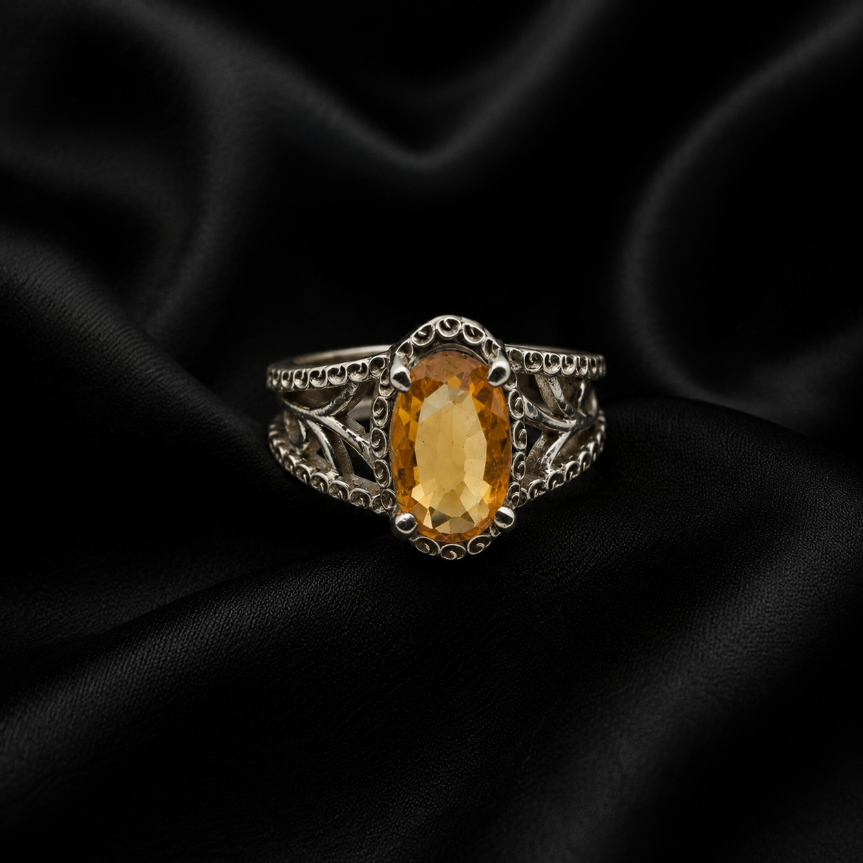 Oval Citrine Regal Filigree Solid Silver Statement Ring