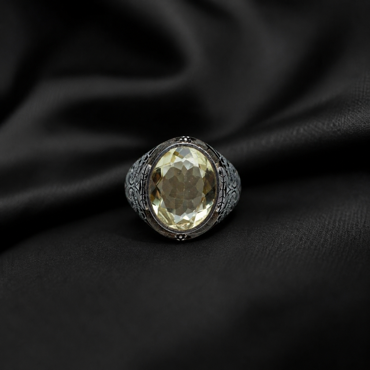 Faceted Lemon Quartz Oval Engraved Solid Silver Signet Ring