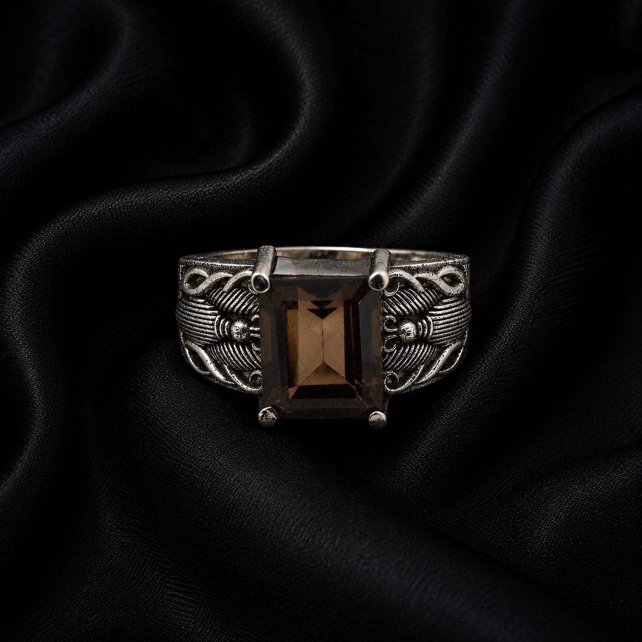 Emerald-Cut Smoky Quartz Vintage Carved Wide Band Silver Ring
