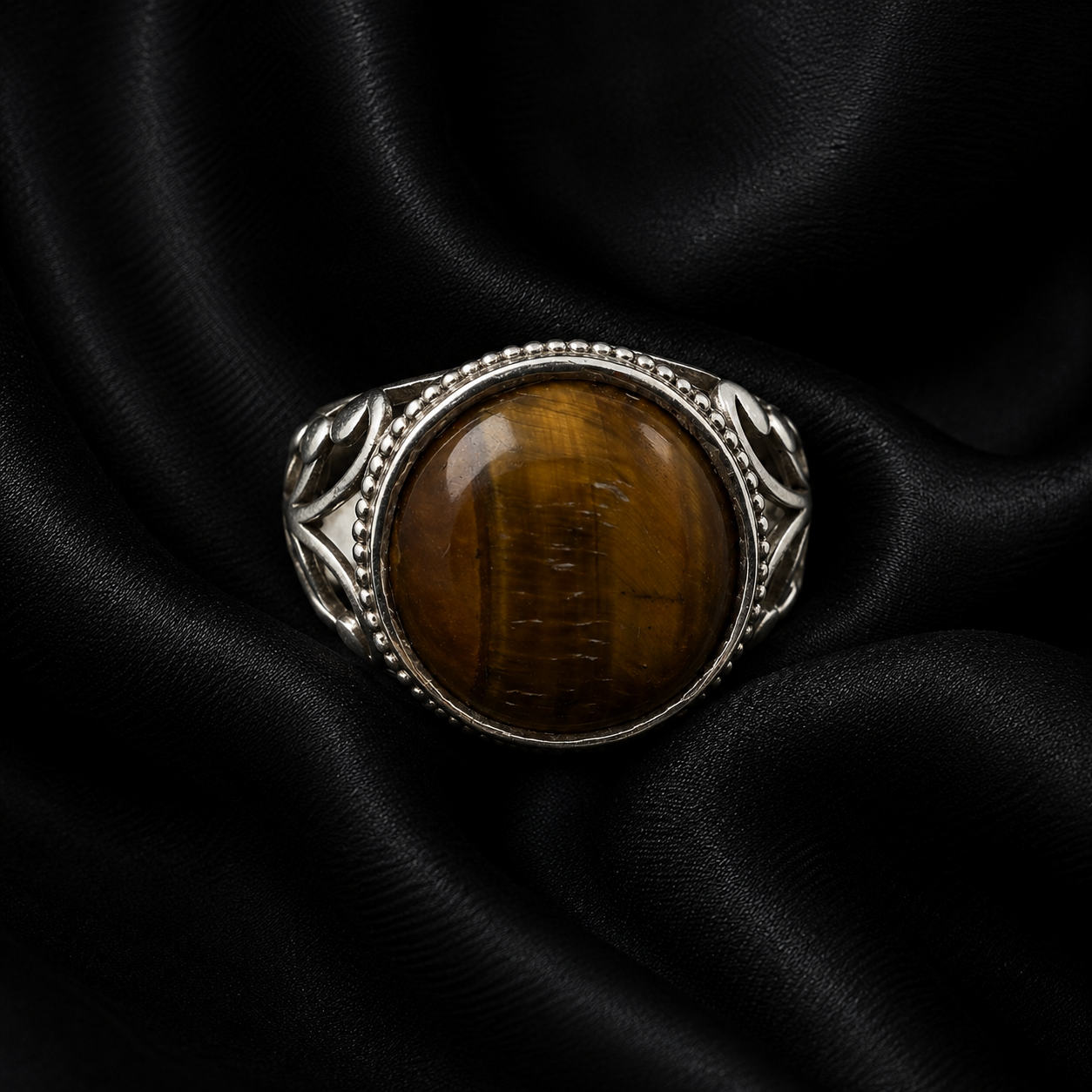 Round Golden Tiger Eye Beaded Halo Silver Statement Ring