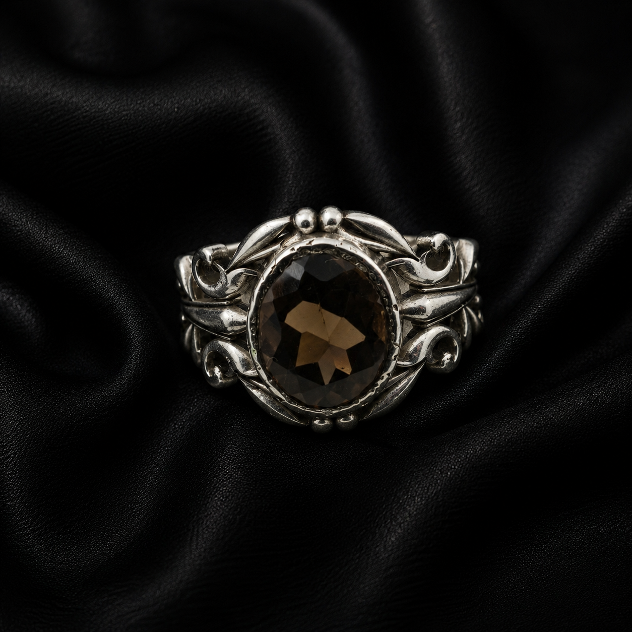 Oval Smoky Quartz Botanical Leaf Vine Silver Cocktail Ring