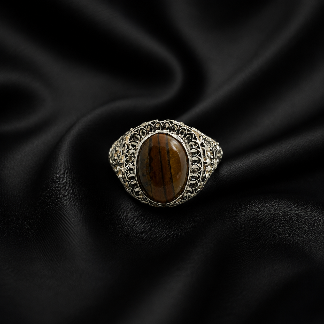 Natural Tiger Eye Oval Filigree Silver Statement Ring