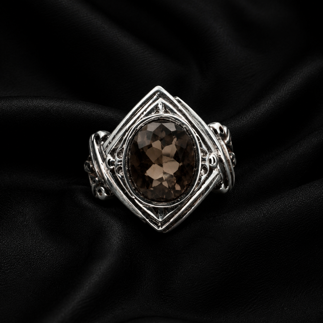 Faceted Smoky Quartz Rhombus Geometric Cage Silver Ring