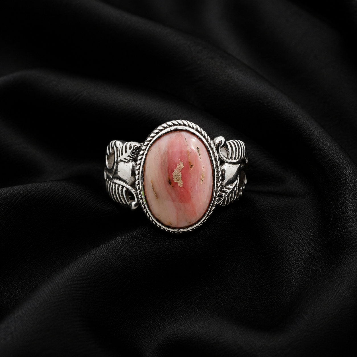 Oval Pink Opal Cable Border Silver Statement Ring