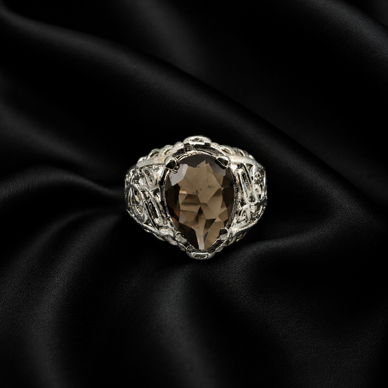 Pear-Cut Smoky Quartz Intricate Filigree Silver Ring