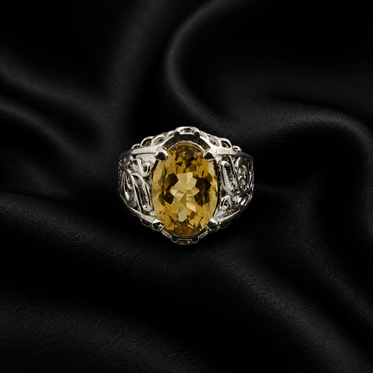Faceted Oval Citrine Filigree Sterling Silver Statement Ring