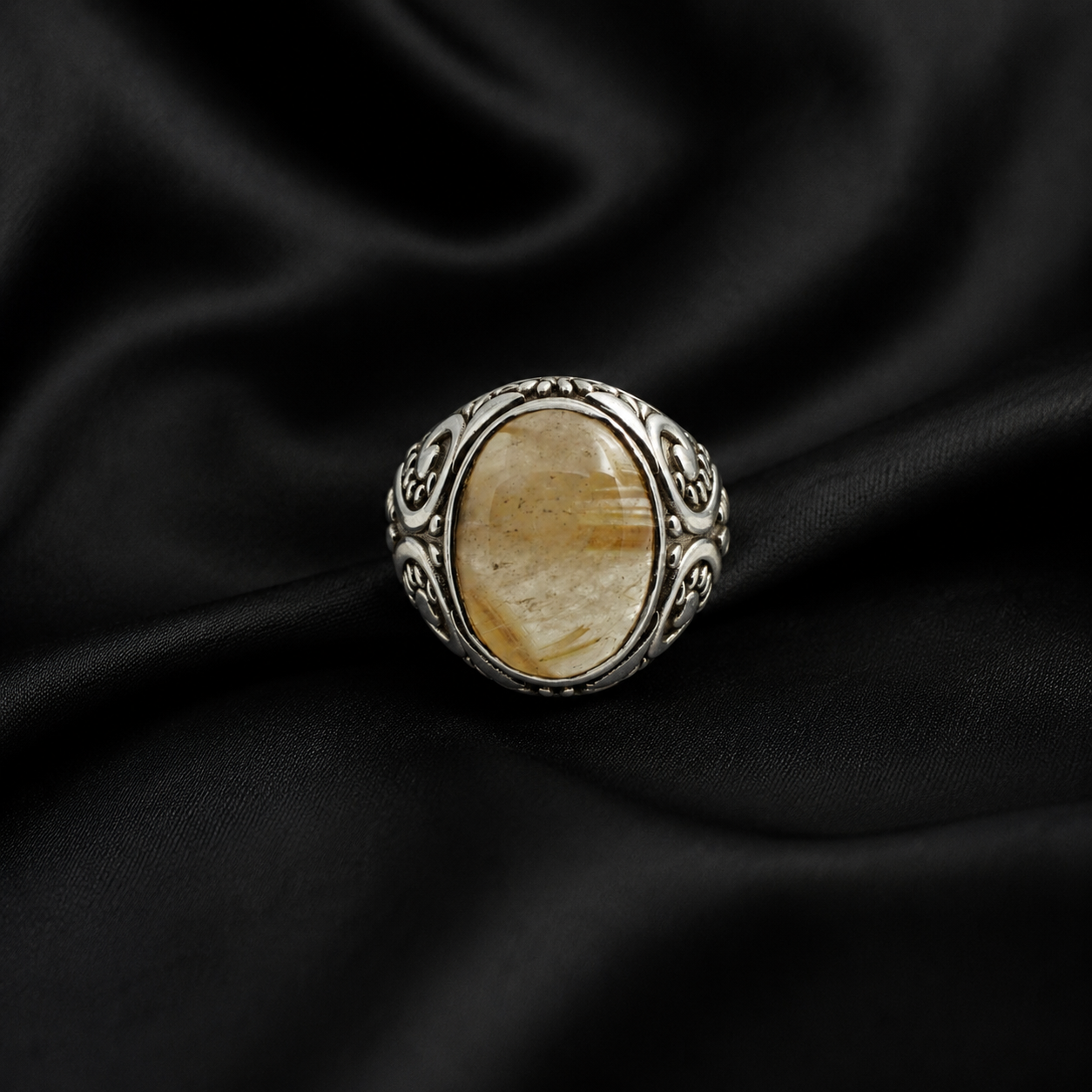Golden Rutilated Quartz Oval Cabochon Silver Signet Ring
