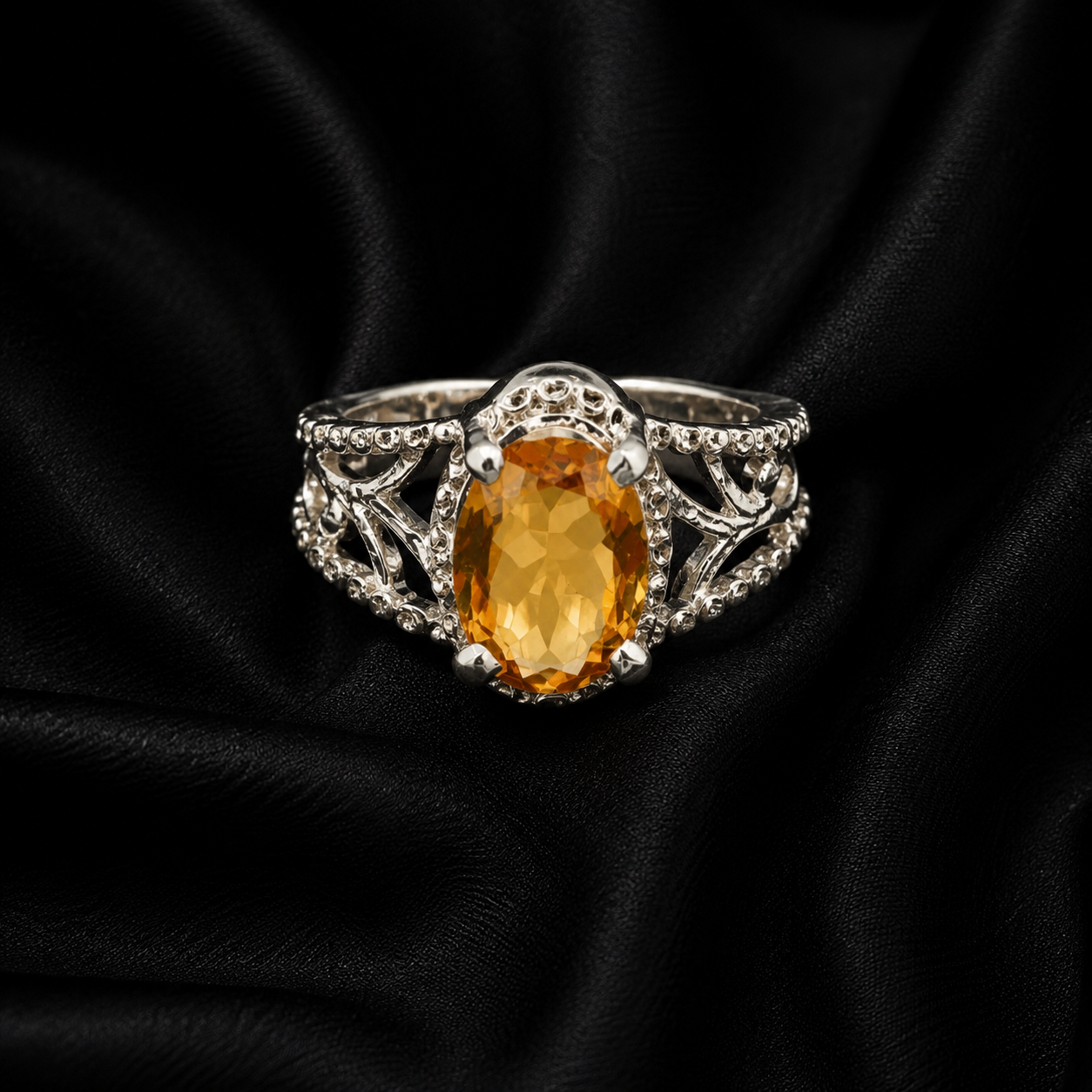 Oval Cut Citrine Filigree Wide-Band Silver Ring