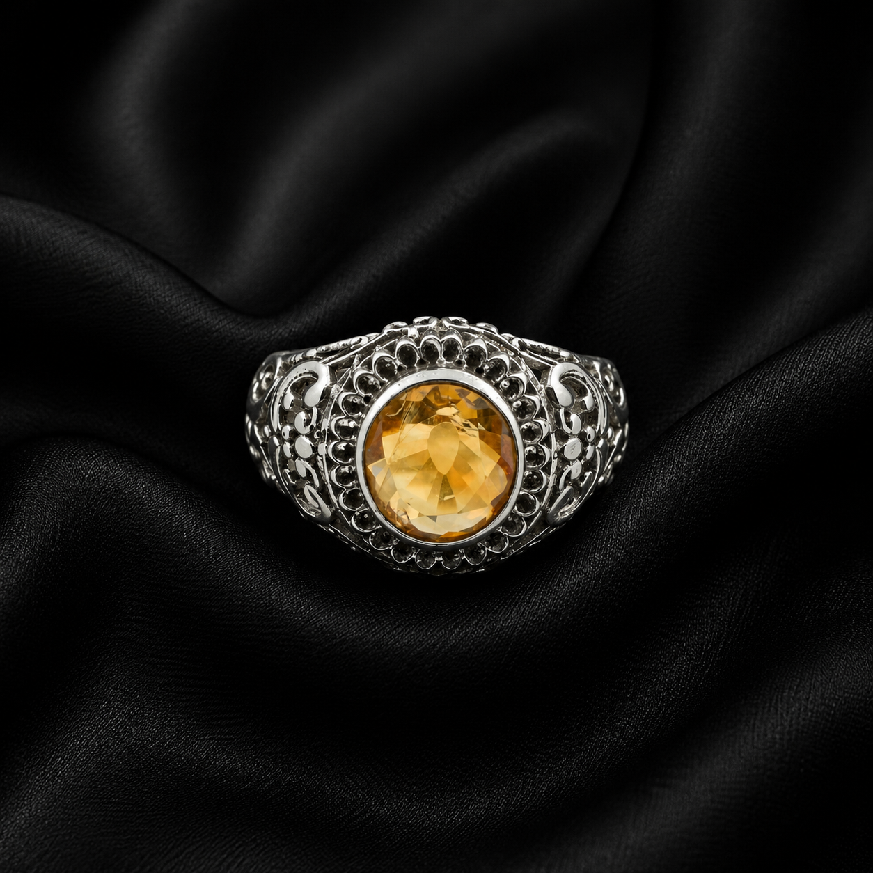Round Golden Citrine Bezel Halo Ornate Silver Cocktail Ring