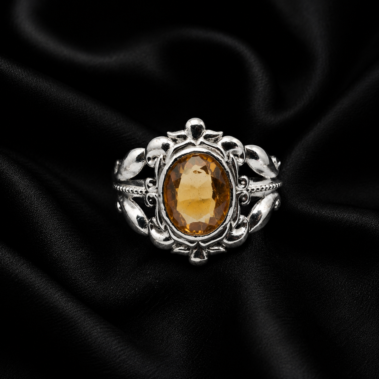Oval Honey Citrine Baroque Scroll Silver Ring