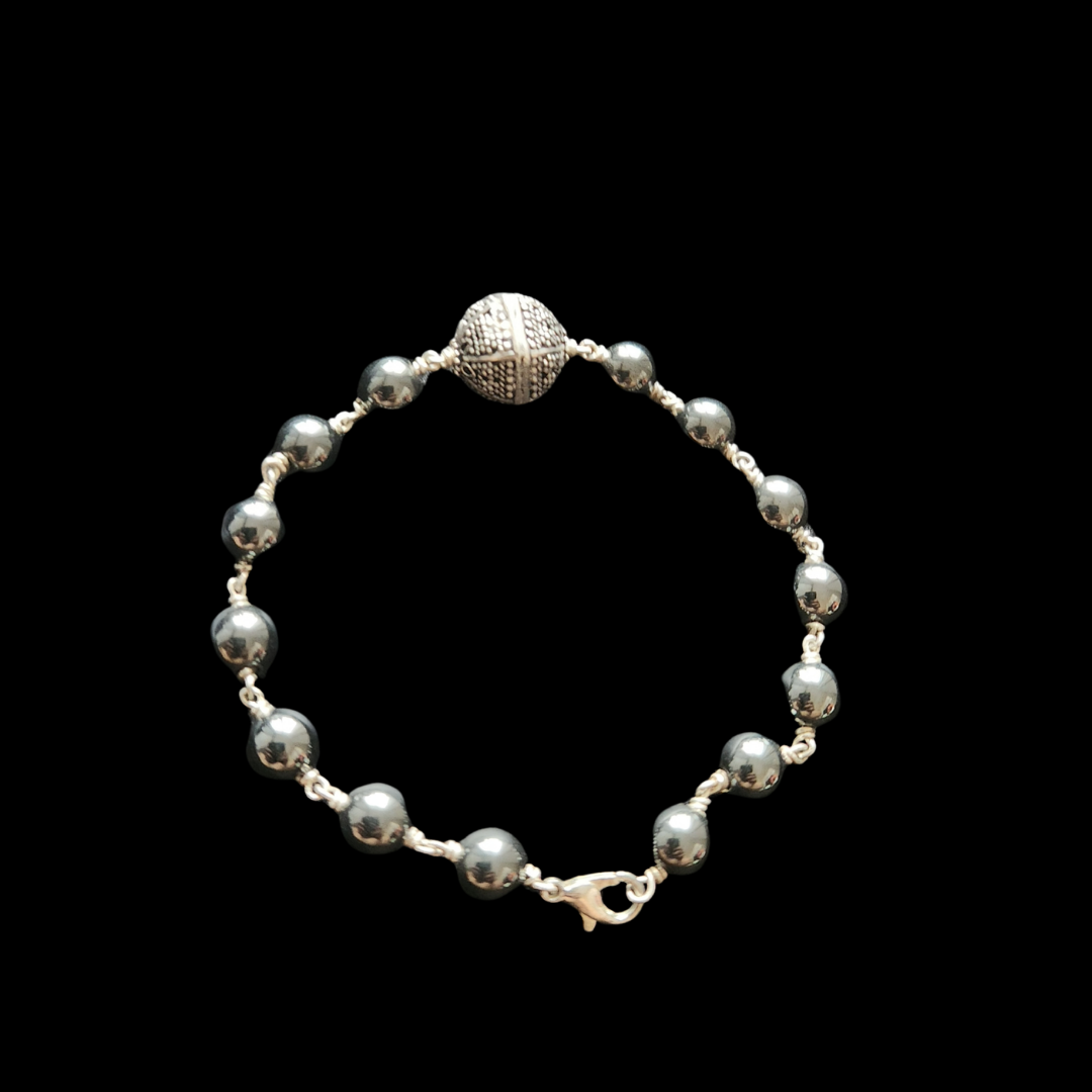 Natural Magnetic Metallic Hematite & 925 Sterling Silver Centre Bead Bracelet
