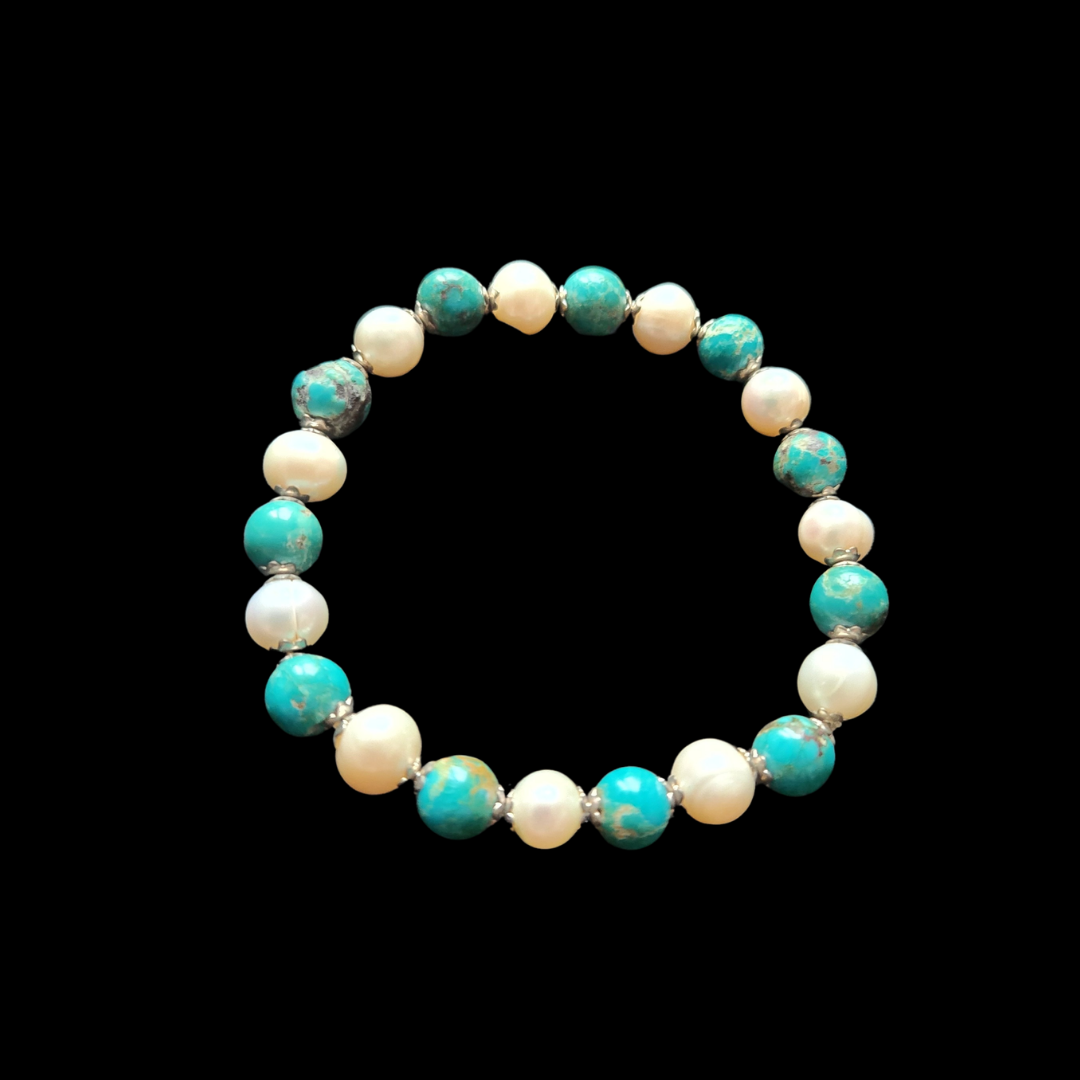 Organic Freshwater Pearl & Sky Blue Turquoise Duo Bracelet