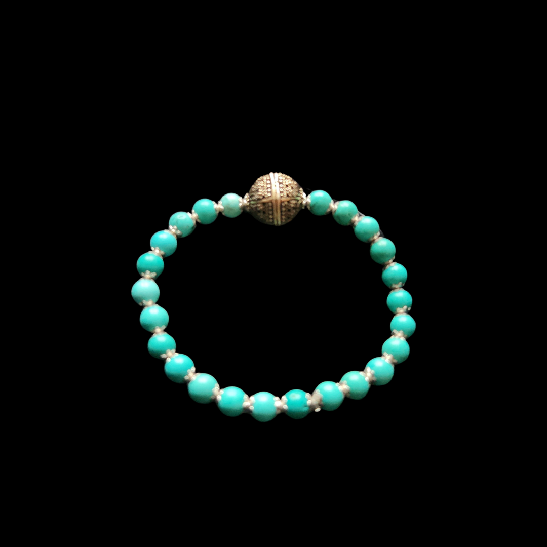 Natural Blue Turquoise with Gold-Tone Silver Bead Bracelet