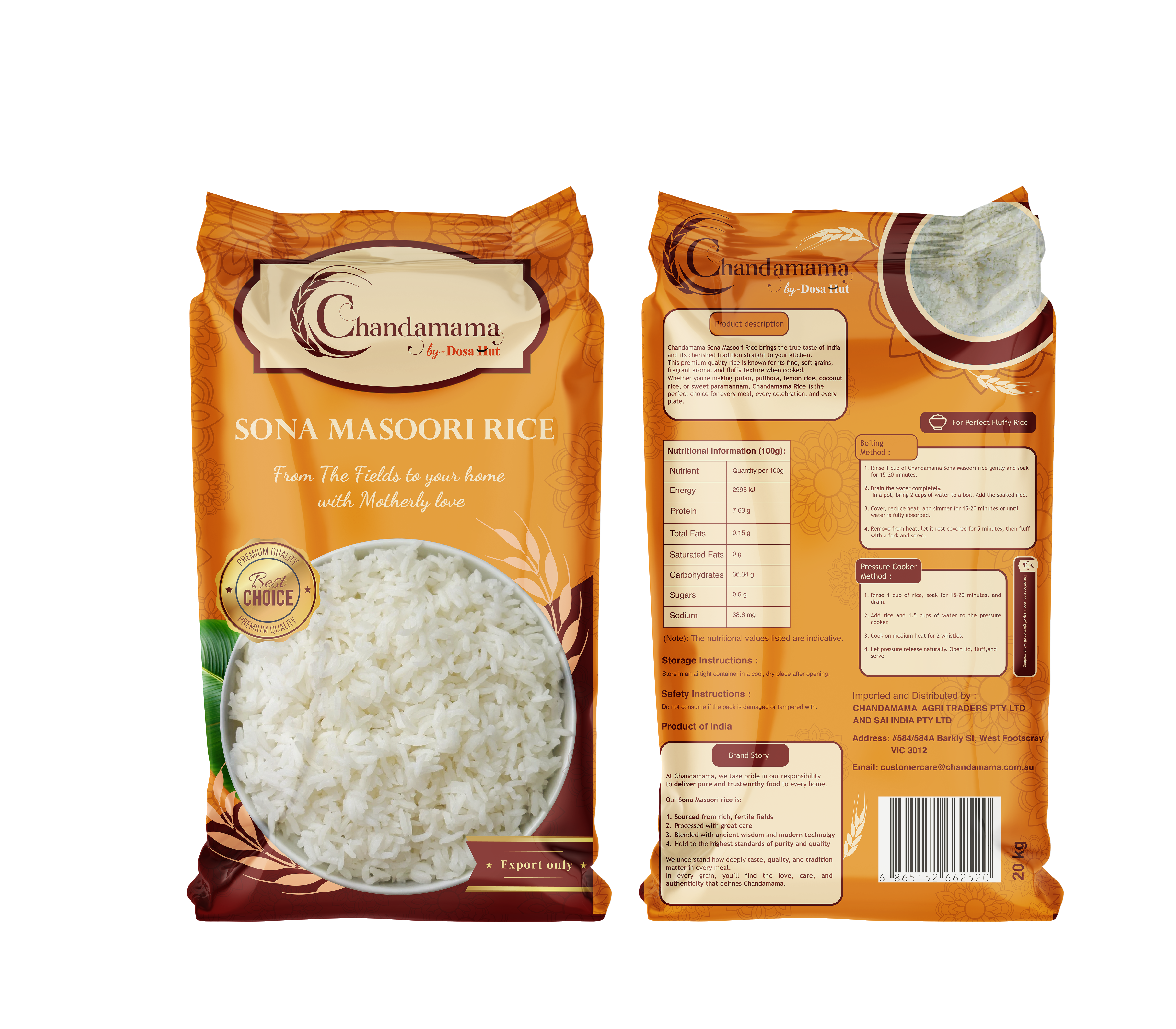 Front and back of Chandamama Sona Masoori Rice package