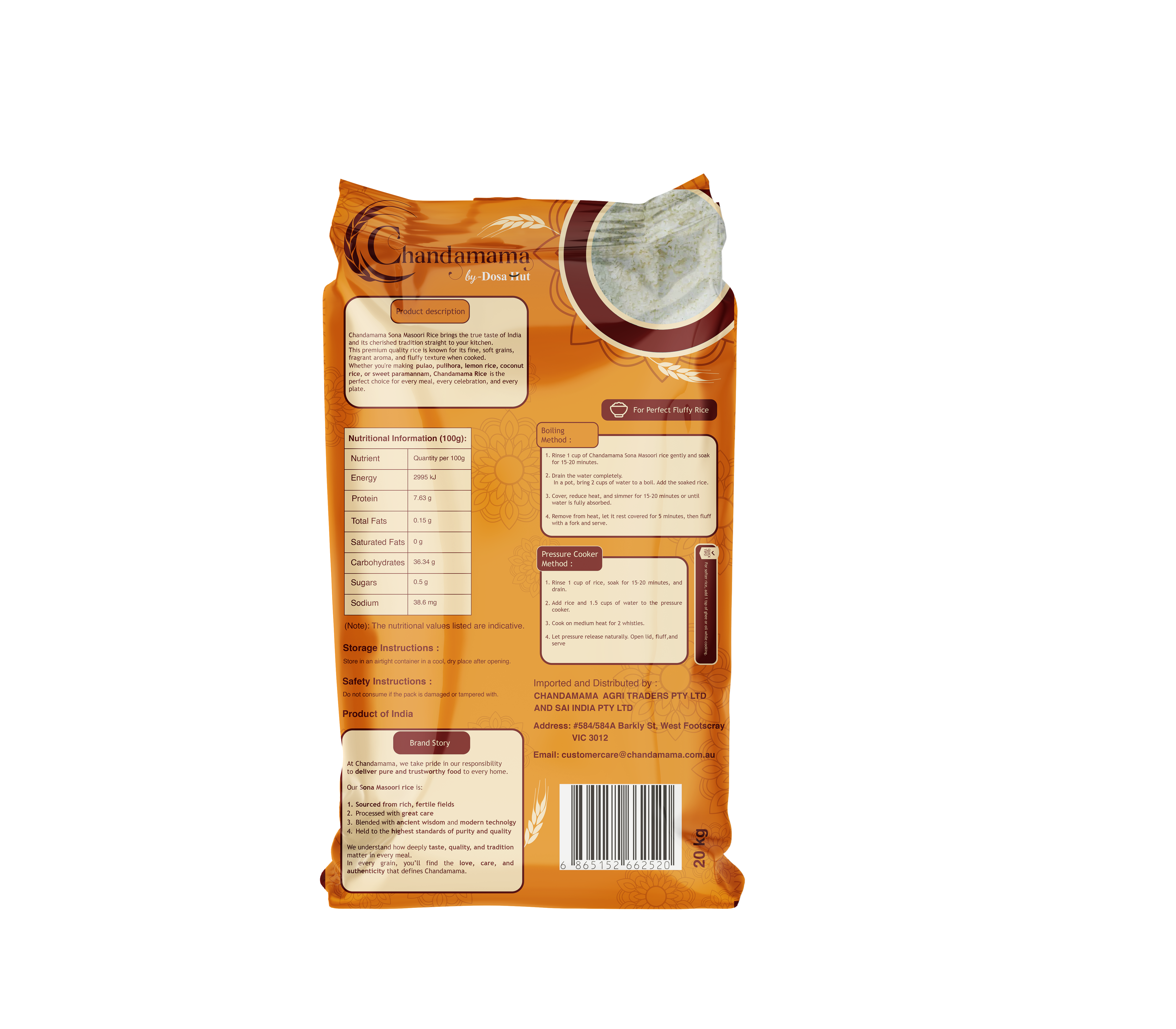 Back of Chandamama Sona Masoori Rice package