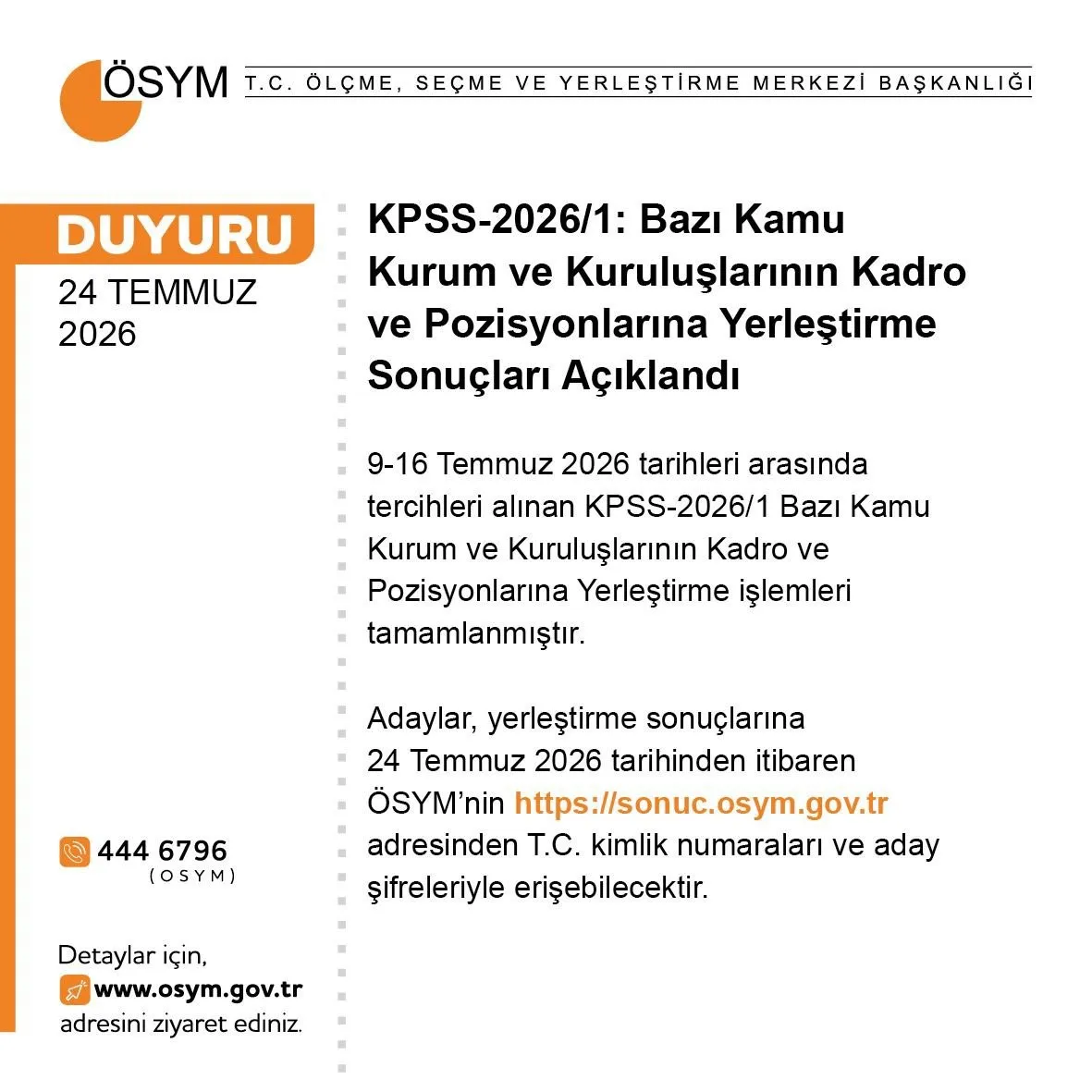 KPSS-2026/1 yerleştirme sonuçları açıklandı