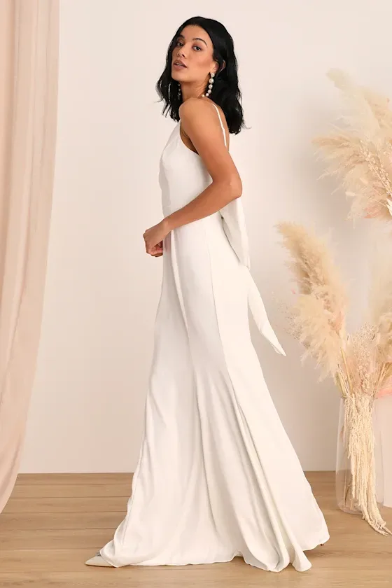 Lulus White Satin V-Neck Maxi Dress with Back Bow XL Formal Gown NWOT thumbnail 4