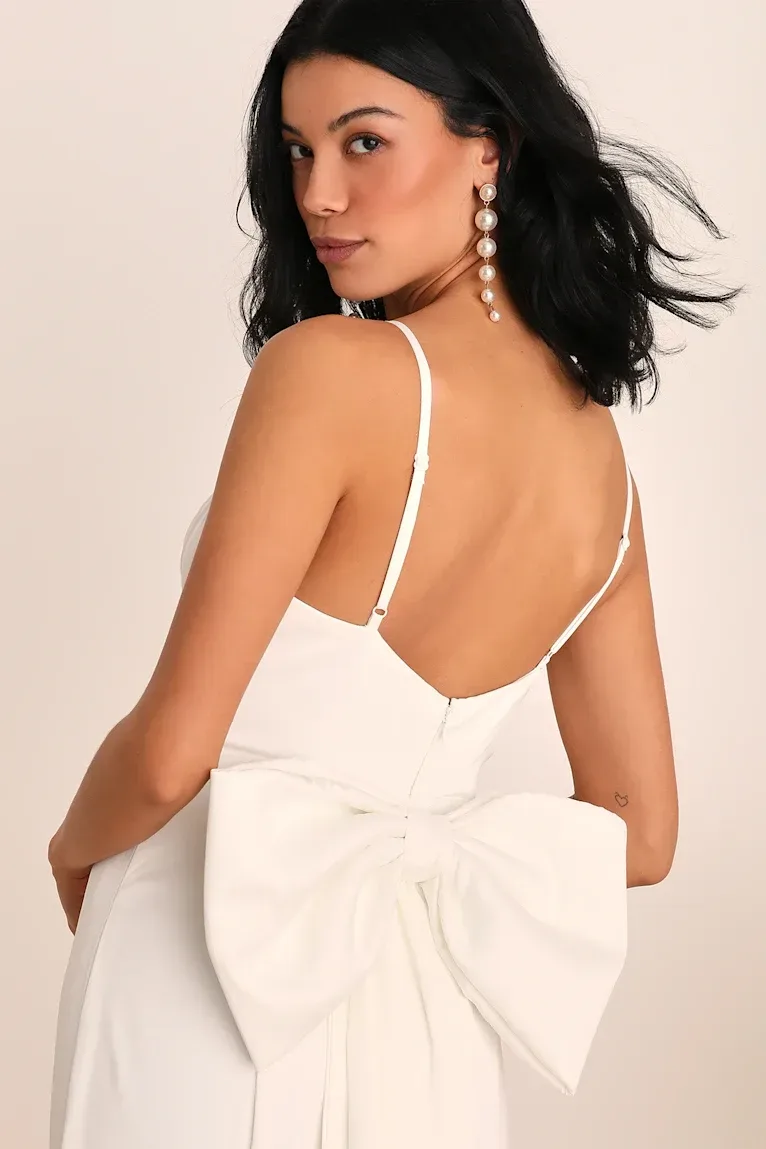 Lulus White Satin V-Neck Maxi Dress with Back Bow XL Formal Gown NWOT thumbnail 2
