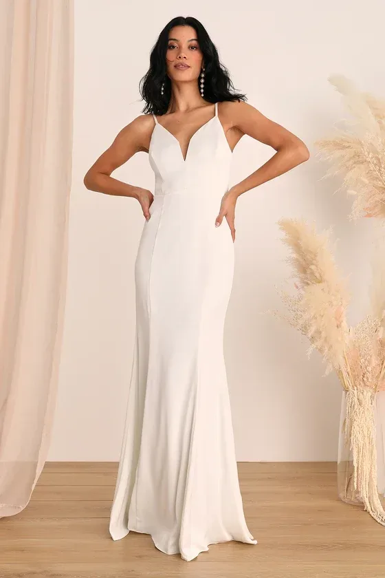Lulus White Satin V-Neck Maxi Dress with Back Bow XL Formal Gown NWOT