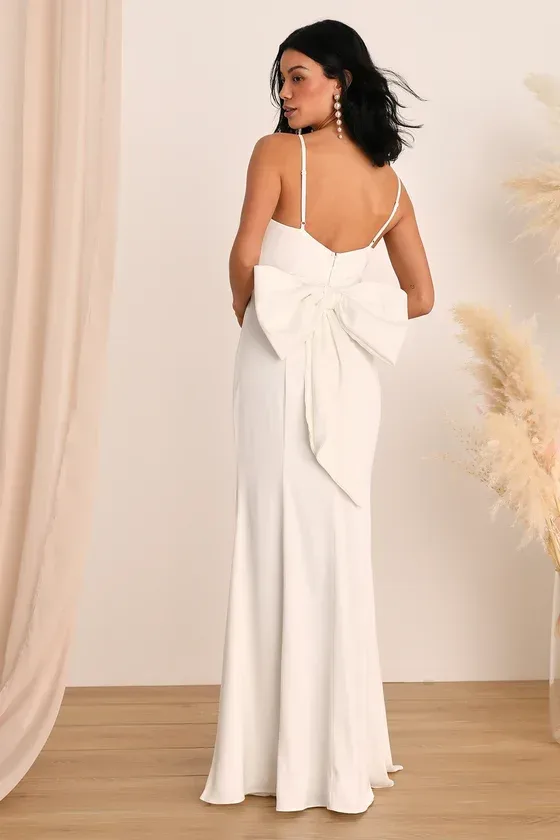 Lulus White Satin V-Neck Maxi Dress with Back Bow XL Formal Gown NWOT thumbnail 3