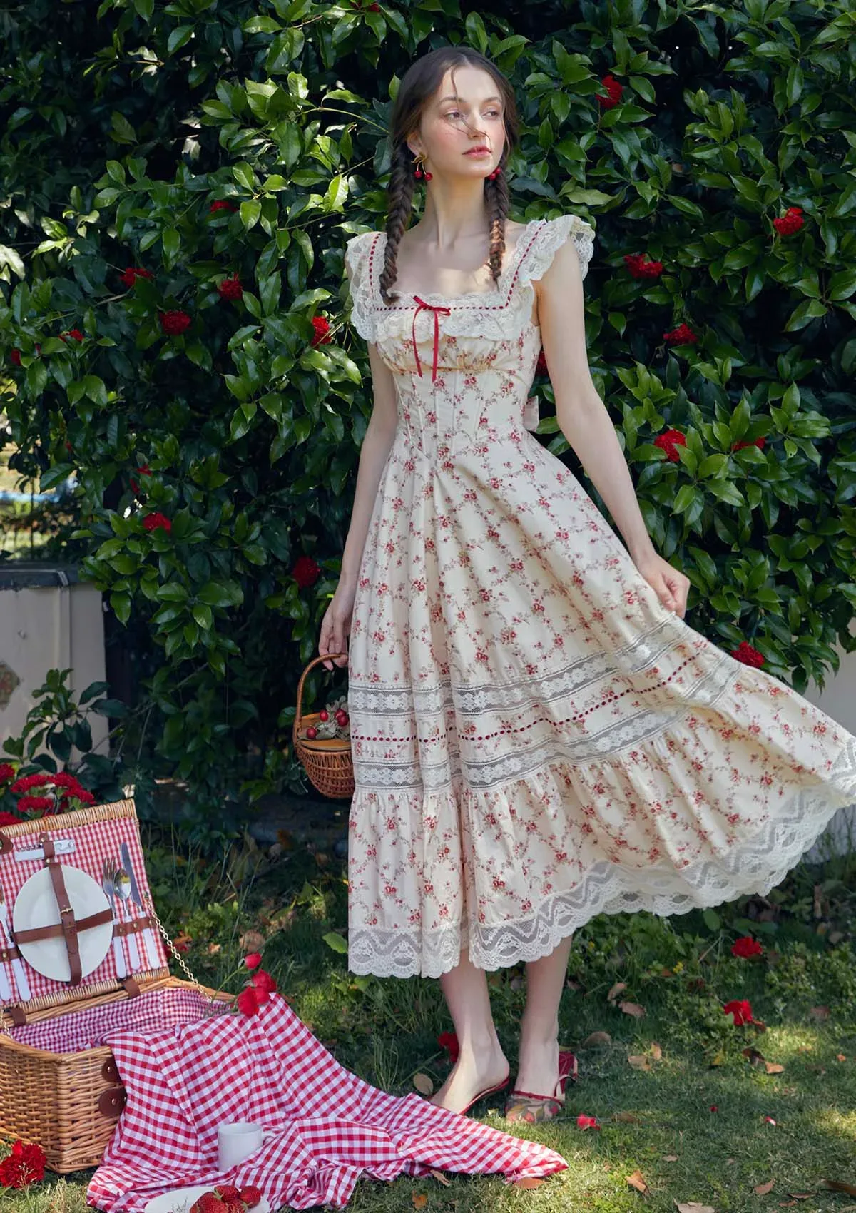 LaceMade Red Garnet Corset Dress XS Floral Lace Midi New