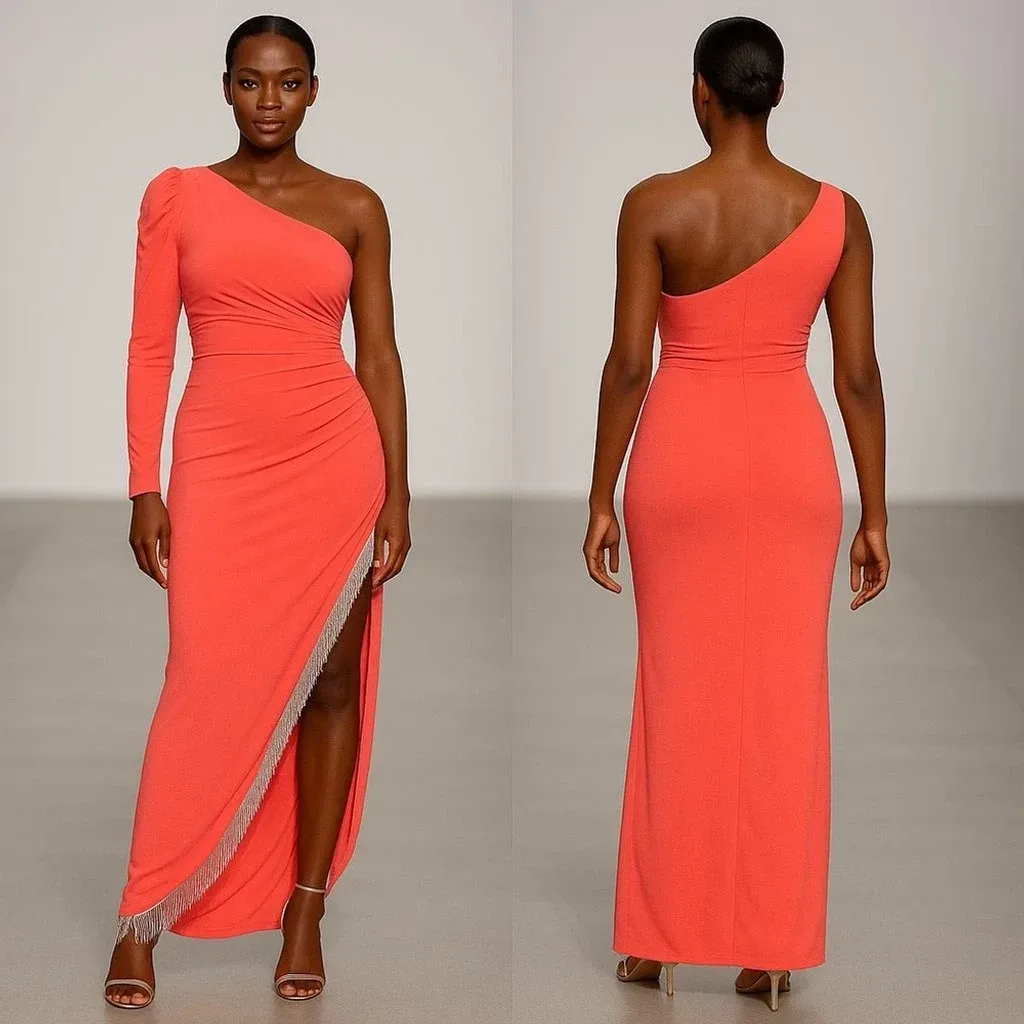 Mac Duggal One Shoulder Ruched Fringe High-Low Gown Dress 14W Coral Pink thumbnail 2