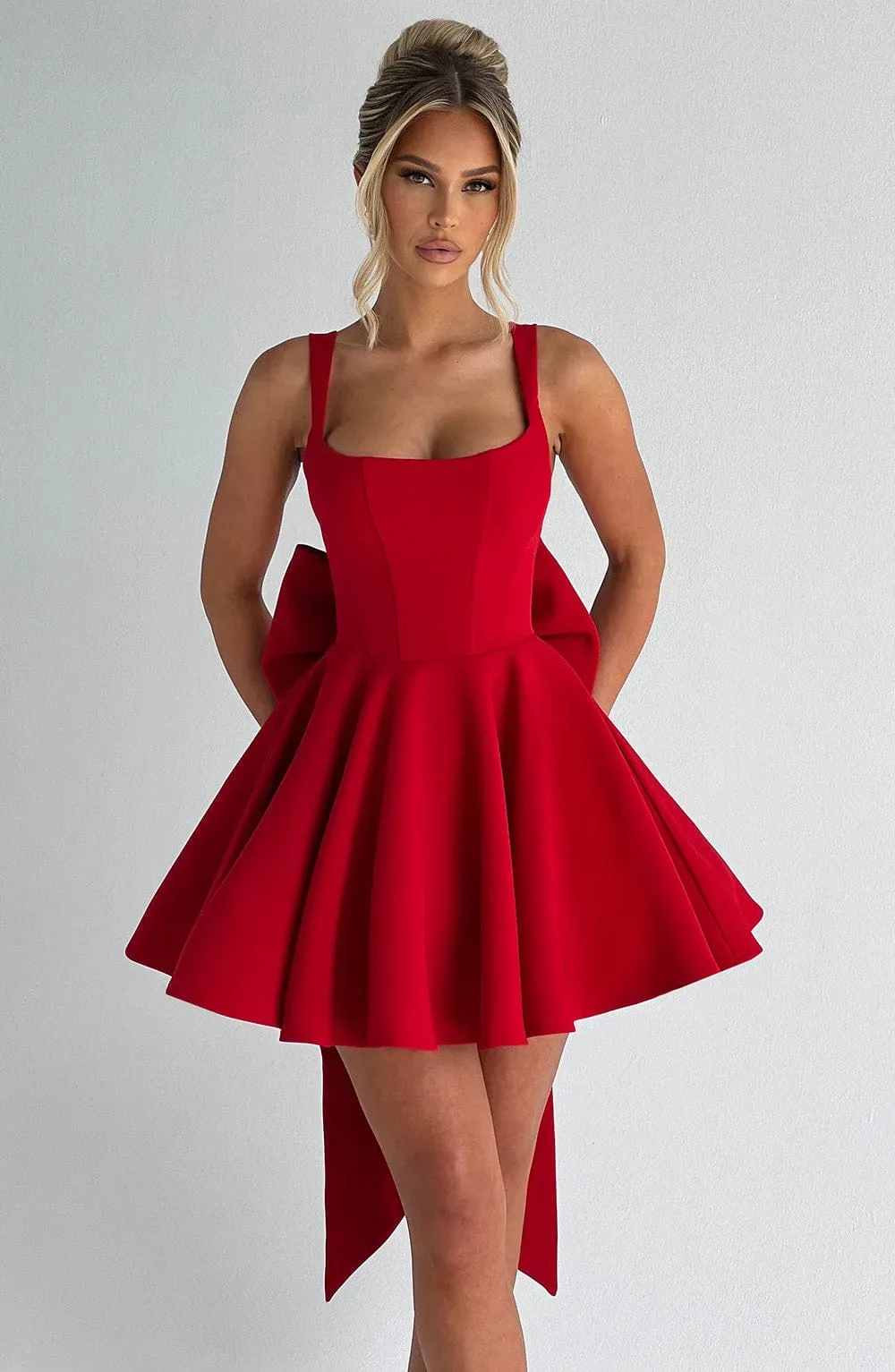 Babyboo Fashion Rue Red Mini Dress with Large Back Bow Square Neck